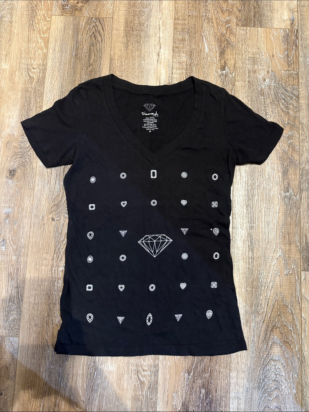 Diamond Supply Co. Black V-Neck Tee with White Gem Motif